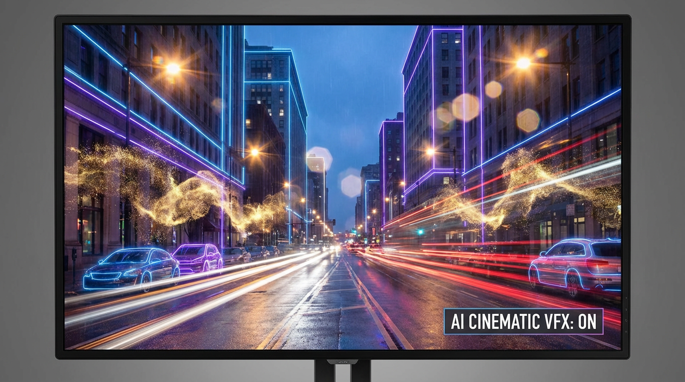 A stunning video with AI-generated cinematic visual effects applied - neon glow, particle effects, light trails, and lens flares transforming an ordinary scene into a visual masterpiece