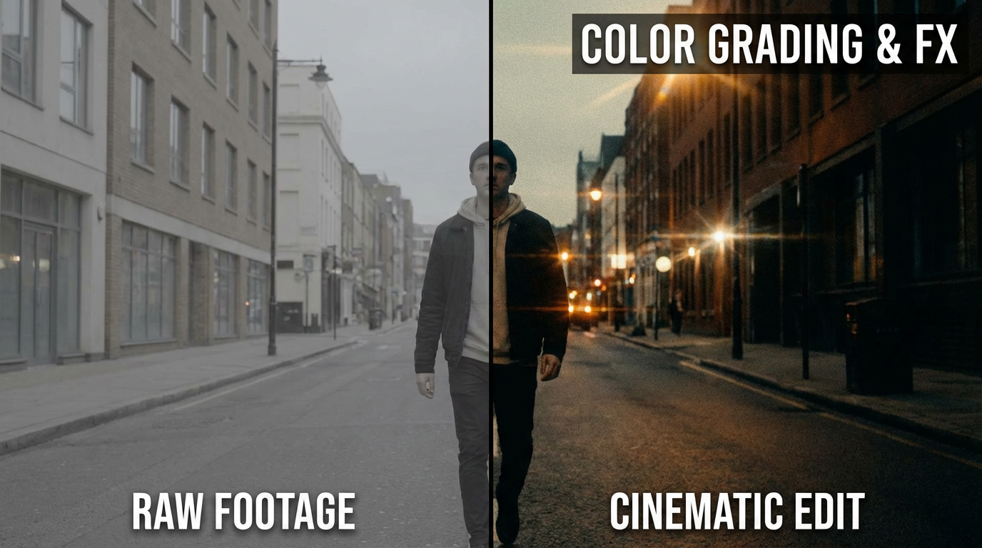 Before and after split screen showing raw footage on left transforming into a stylized cinematic video with color grading, film grain, and dramatic lighting effects on the right