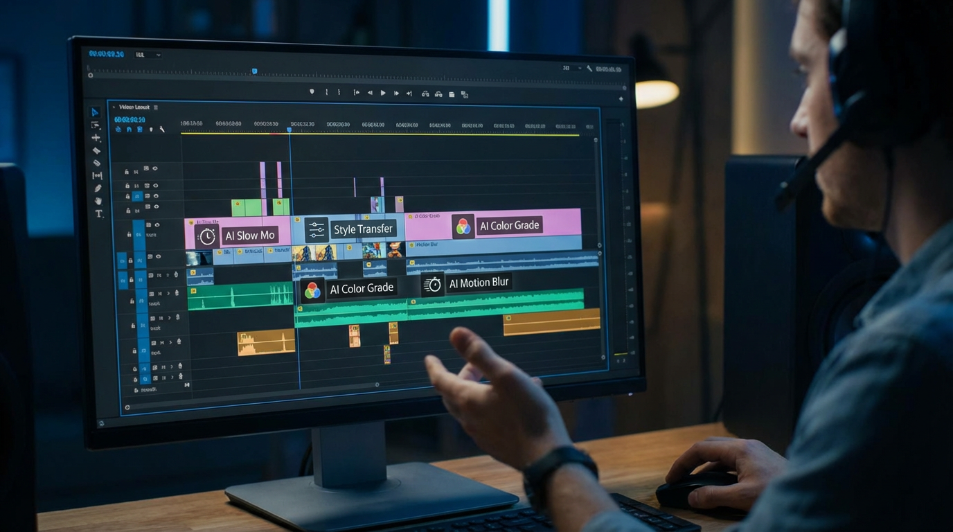 A content creator editing timeline showing multiple AI video effects being applied - slow motion, style transfer, color grading, and motion blur effects on different clips