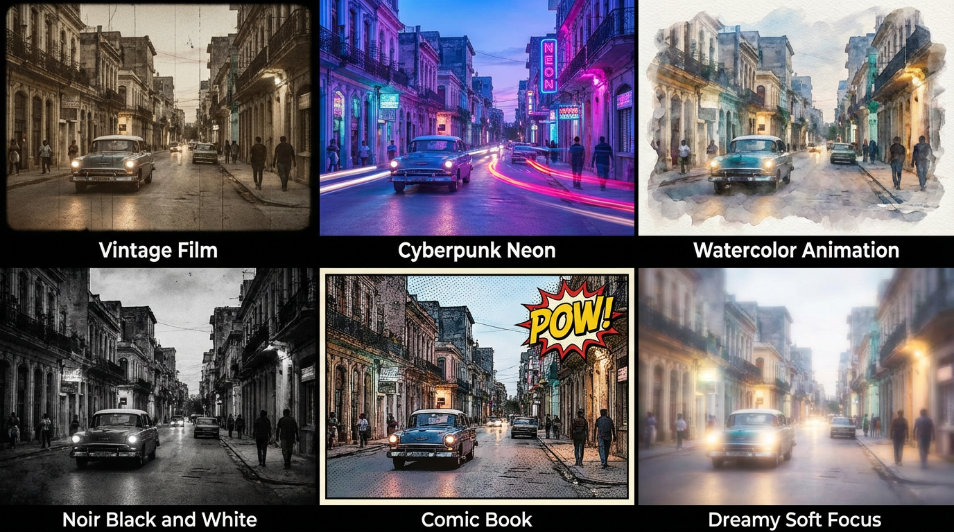 Collection of six video frames showing the same scene with different AI effects applied - vintage film, cyberpunk neon, watercolor animation, noir black and white, comic book, and dreamy soft focus