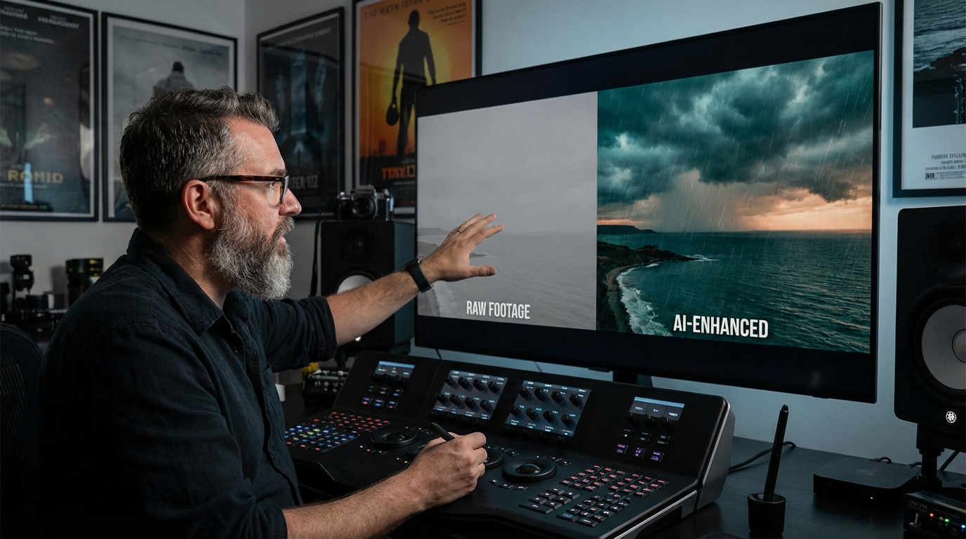 Professional filmmaker reviewing AI-enhanced footage on a large monitor showing dramatic color grading and atmospheric effects being applied to raw video