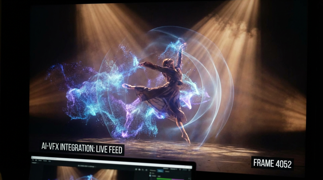 Dynamic video frame showing AI-generated visual effects - swirling particle systems, volumetric lighting, and energy waves transforming a simple dance performance into a spectacular visual show