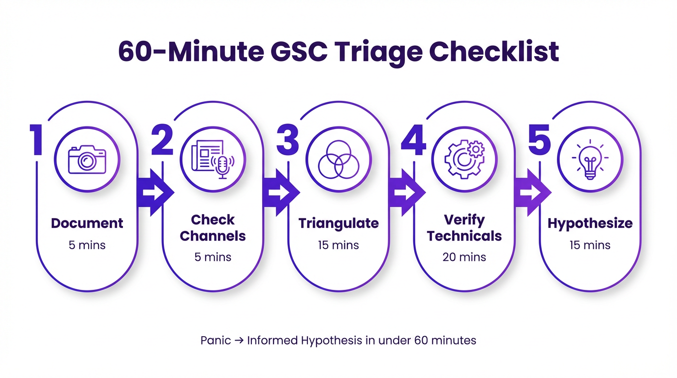 A 5-step infographic for triaging a Google Search Console data anomaly.