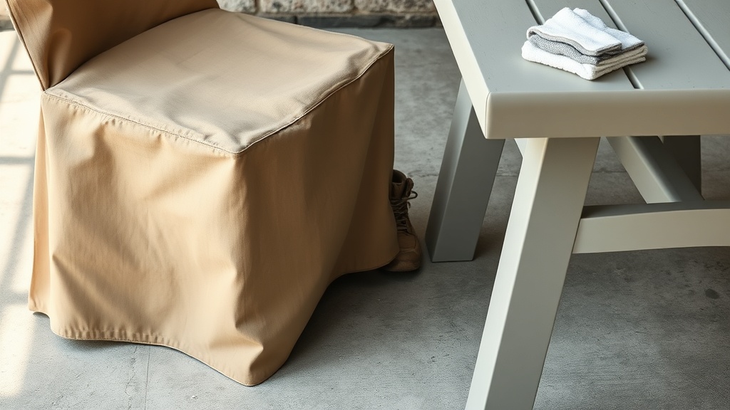 A close-up shot of a smooth outdoor canvas chair cover and solid recycled plastic patio table being wiped down with a damp cloth.