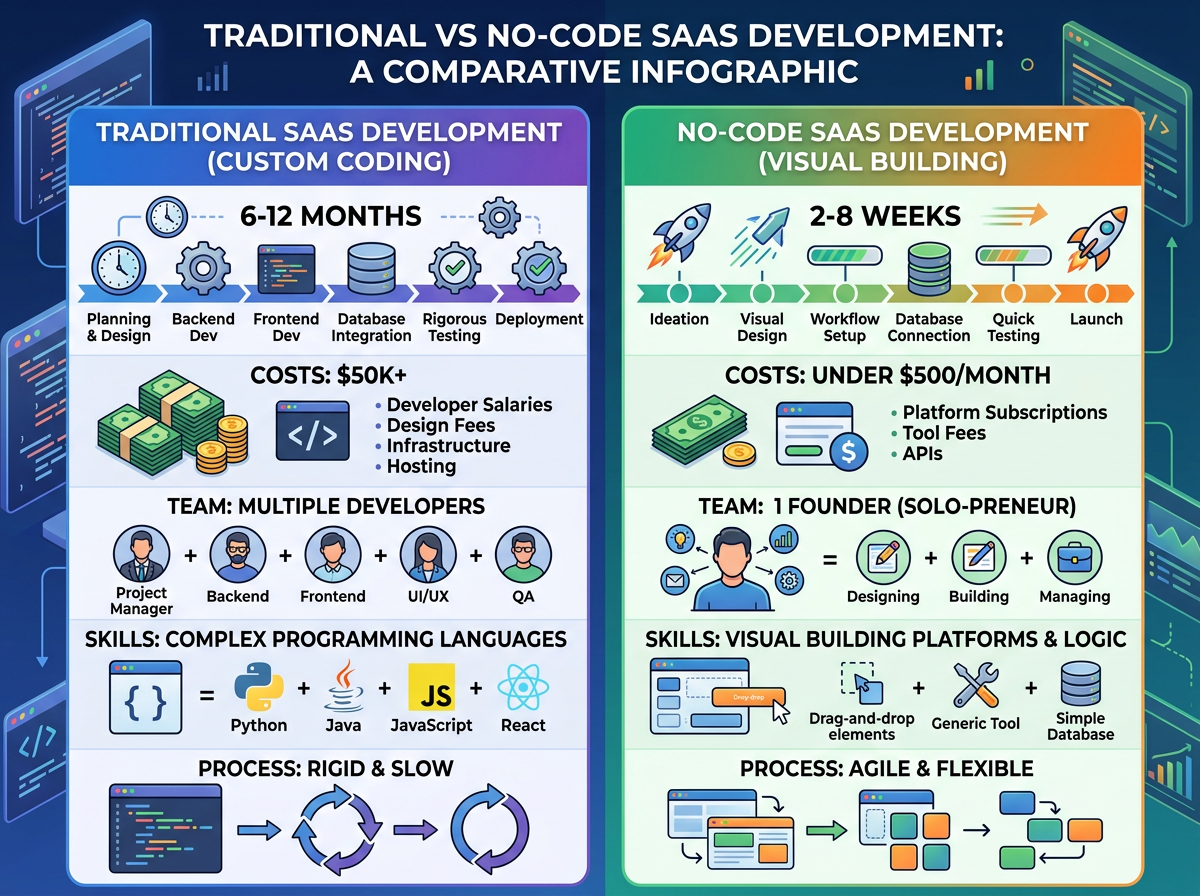 Traditional vs no-code SaaS development timeline and cost comparison