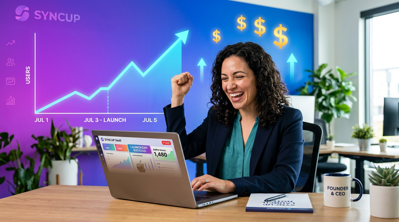 Non-technical founder celebrating SaaS launch with growth metrics