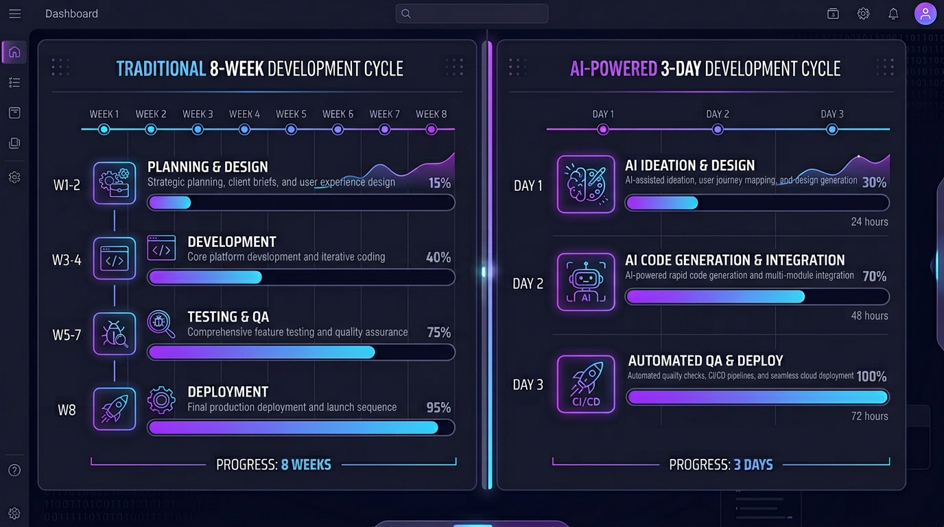 Traditional development cycle vs AI-powered screenshot to code workflow timeline comparison