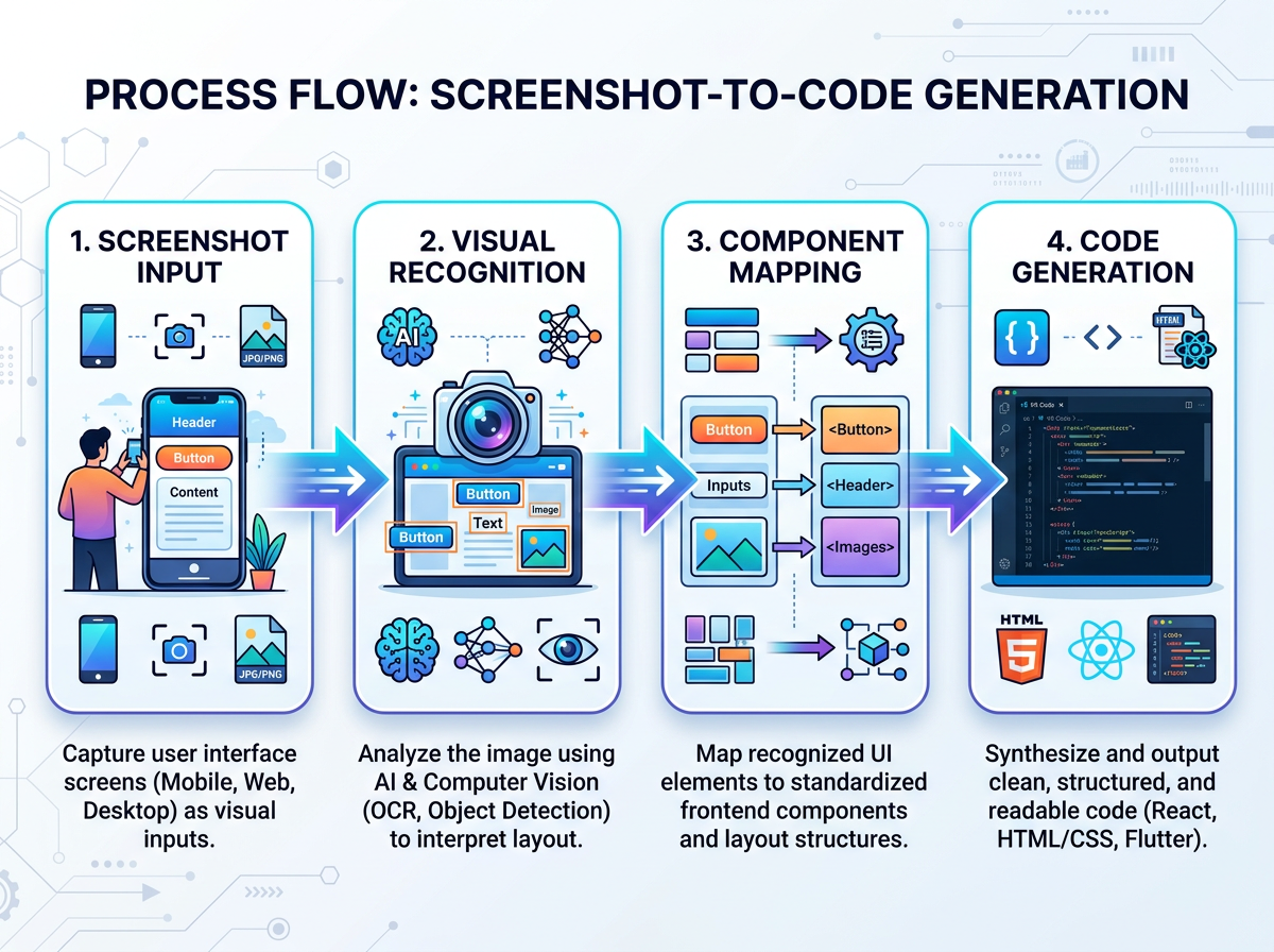 How screenshot to code AI works: visual recognition to code generation process