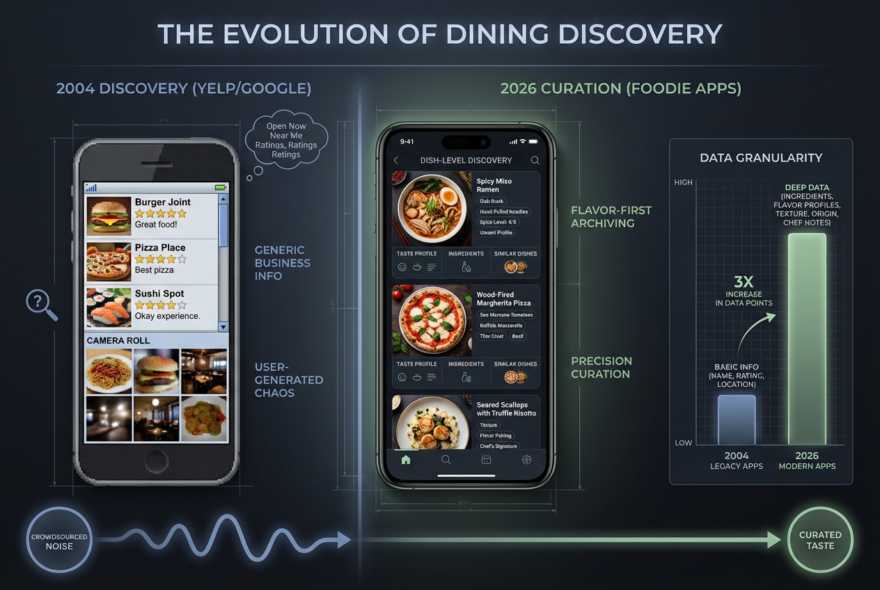 Comparison between legacy review apps and modern food rating platforms showing the shift from generic star ratings to detailed dish-level curation.