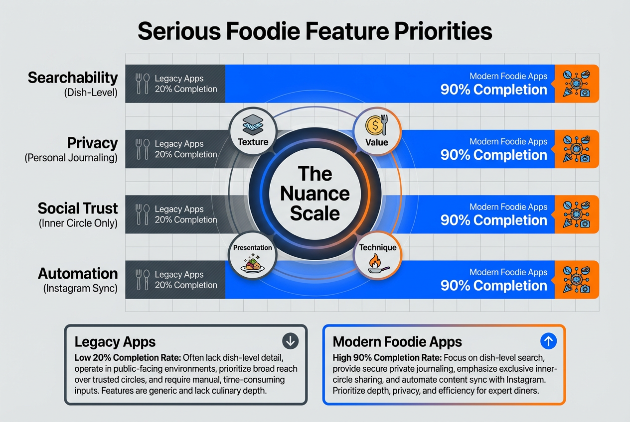 Feature matrix bar chart comparing dish-level searchability, privacy, and social trust between legacy dining apps and modern foodie platforms.