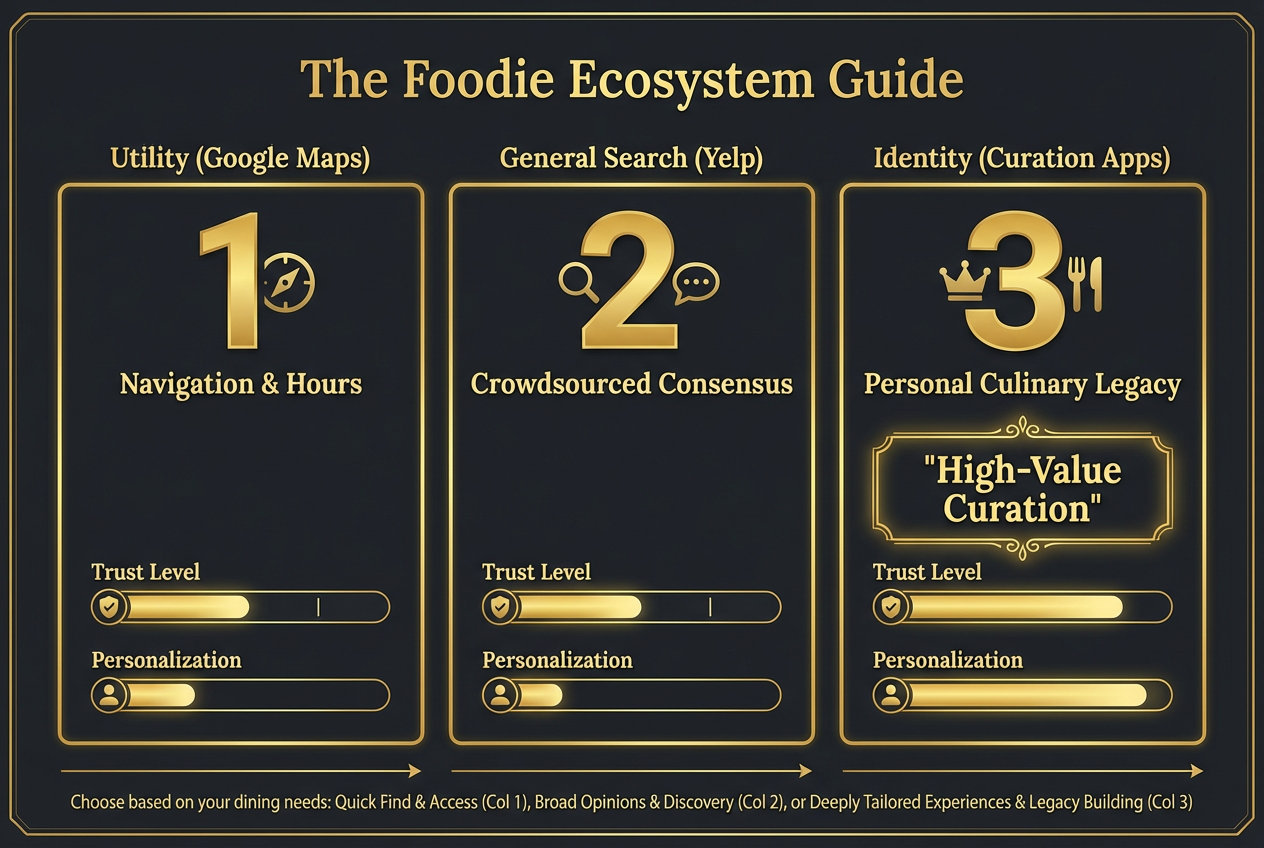 Comparative framework showing the roles of Google Maps, Yelp, and specialized food rating apps in a foodie's digital toolkit.
