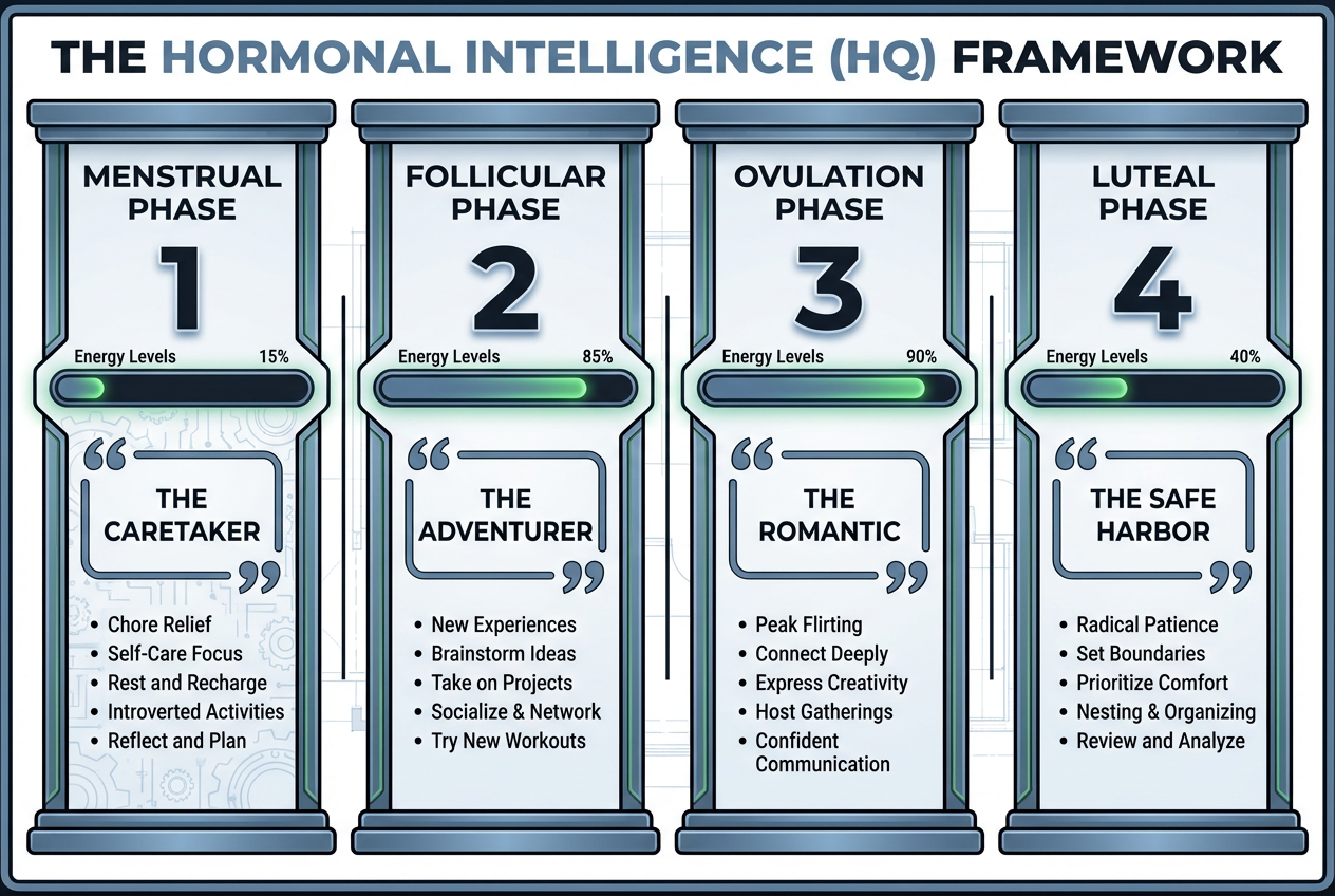 Infographic mapping the four menstrual cycle phases - Menstrual, Follicular, Ovulation, Luteal - to partner support roles like Caretaker and Romantic.