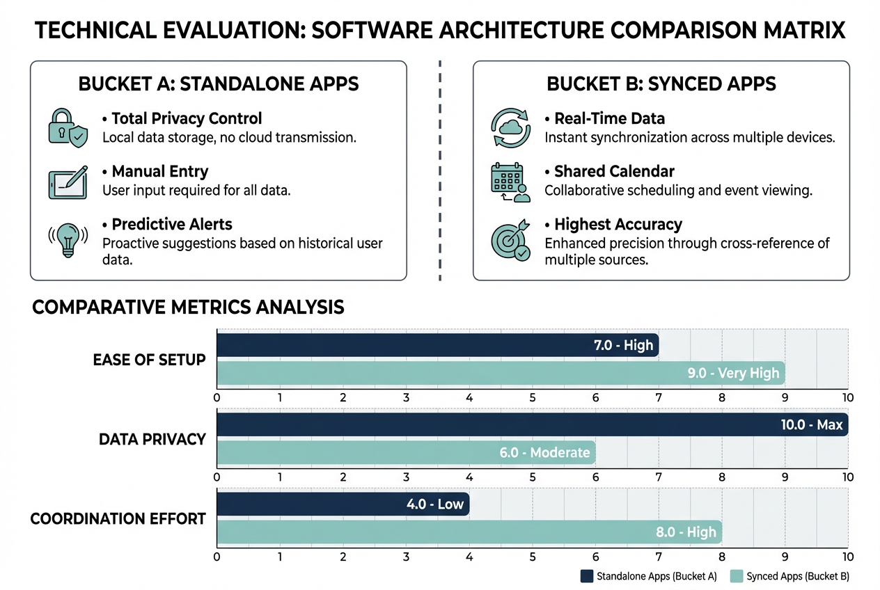 Comparison chart between standalone period tracking apps for men and shared/synced apps, highlighting privacy, accuracy, and data input features.