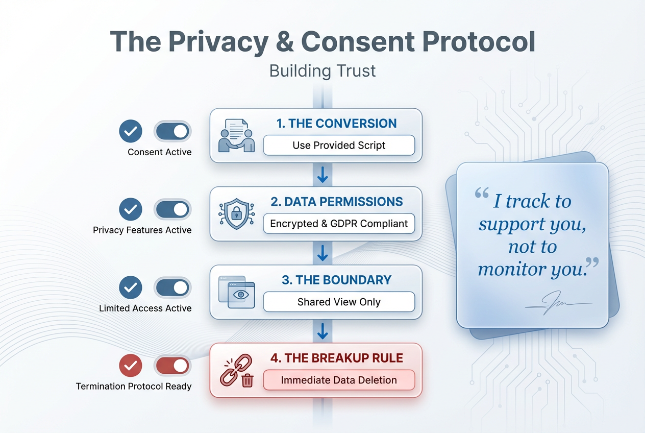 A privacy and consent roadmap for couples using period apps, featuring the 'Breakup Rule' and data permission security standards for partners.