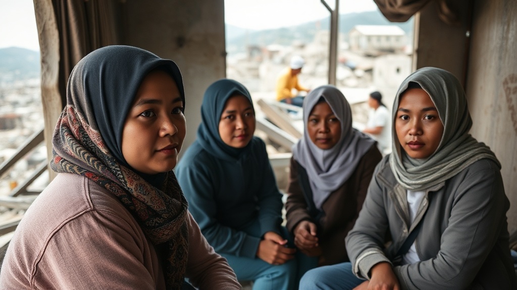 Capture a high-resolution, documentary-style photograph of international students and temporary workers affected by a disaster, portrayed in an authentic setting, reflecting resilience and hope.
