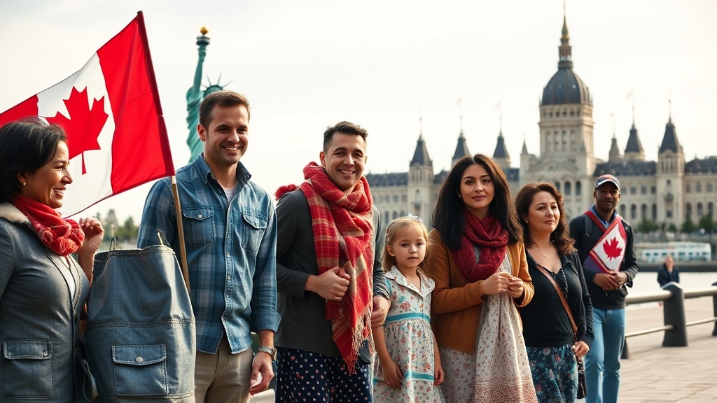 Capture a diverse group of American and Canadian families interacting and showcasing their dual heritage, set against iconic landmarks like the Statue of Liberty and the Canadian Parliament in a candid, high-resolution manner.