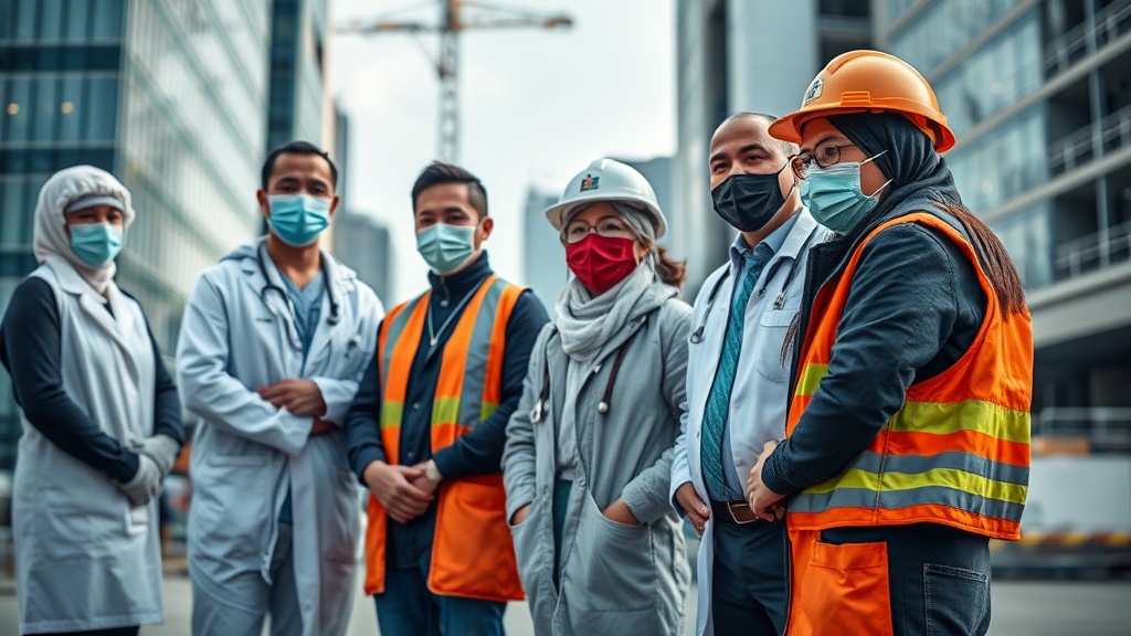 Capture a scene in a Canadian city depicting diverse professionals in healthcare and construction industries, symbolizing the integration of internationally trained workers. Documentary style, high resolution, without text.