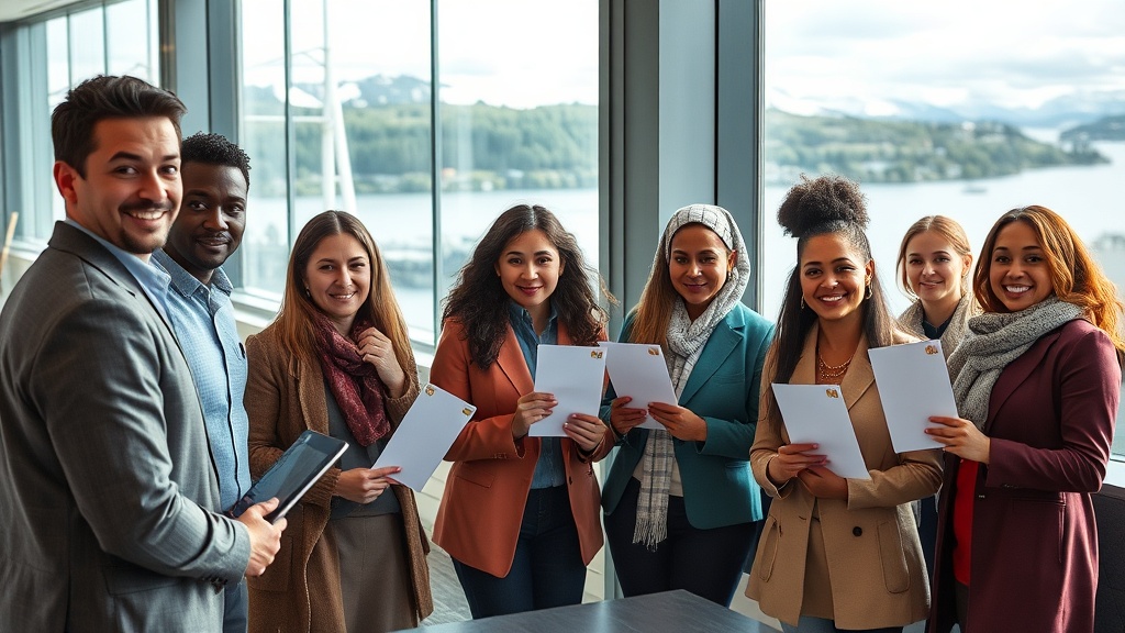 A diverse group of skilled workers receiving invitations in a modern office setting with Newfoundland and Labrador landscapes visible through large windows, capturing the multicultural essence of provincial immigration.
