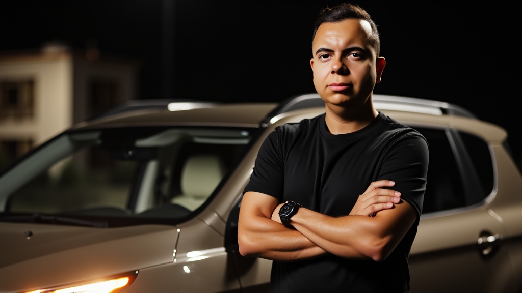 Felipe Miranda ao lado de carro Turo adquirido em leilão nos EUA