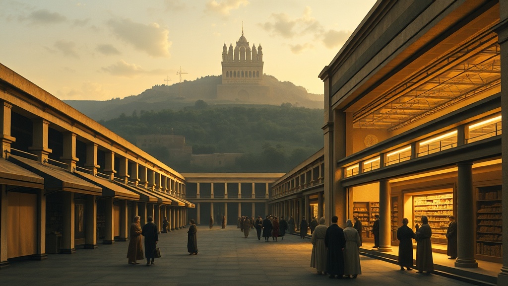 Renaissance-style allegory of a high-rise and arcade with a benevolent provision hall