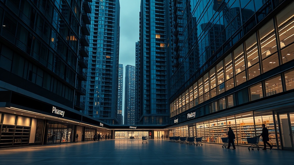 Photorealistic urban plaza with a bright warehouse-style pharmacy among dark storefronts