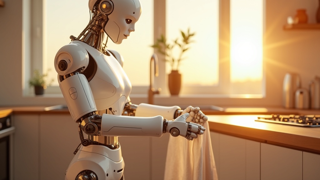 El robot Tesla Optimus Gen 3 doblando una camiseta con precisión.