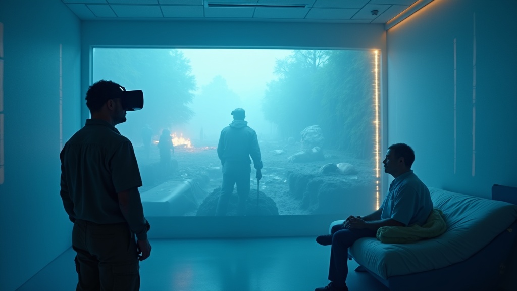 Terapeuta guiando a un paciente durante una sesión de exposición virtual para el TEPT