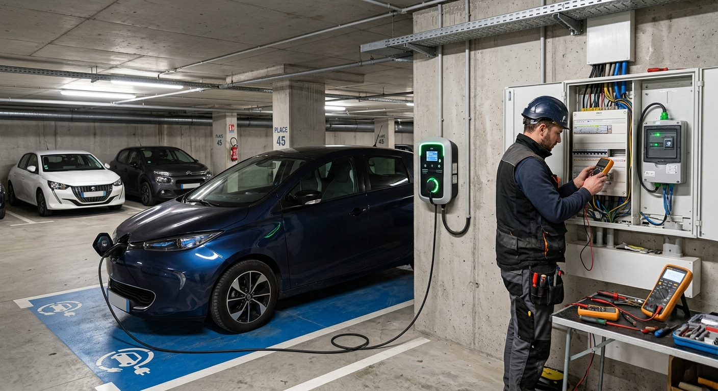 Borne de recharge électrique IRVE en fonctionnement dans un parking résidentiel avec un installateur vérifiant le tableau électrique