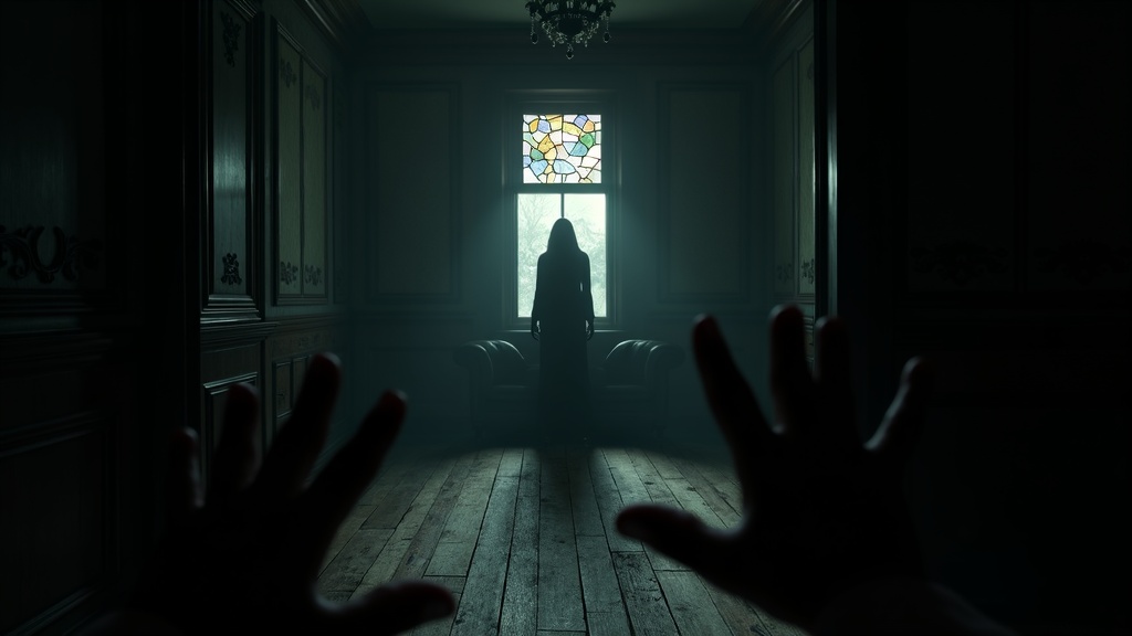 Vista en primera persona del jugador escondido en Maid of Sker VR, observando a un enemigo a través de una rendija.