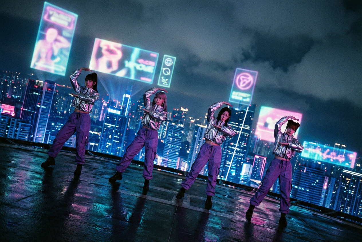 AI-generated virtual K-Pop girl group performing choreography on a futuristic cyberpunk city rooftop