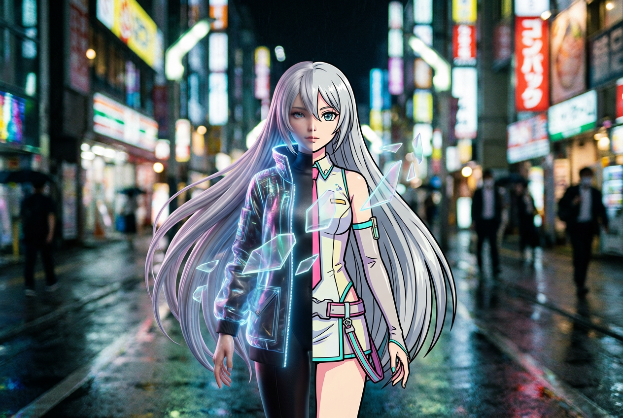 AI virtual K-Pop idol transitioning between visual styles