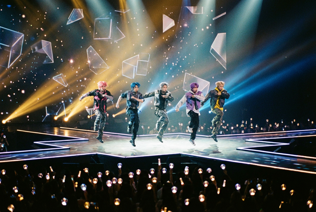 Anime-styled K-Pop boy band performing on a futuristic concert stage
