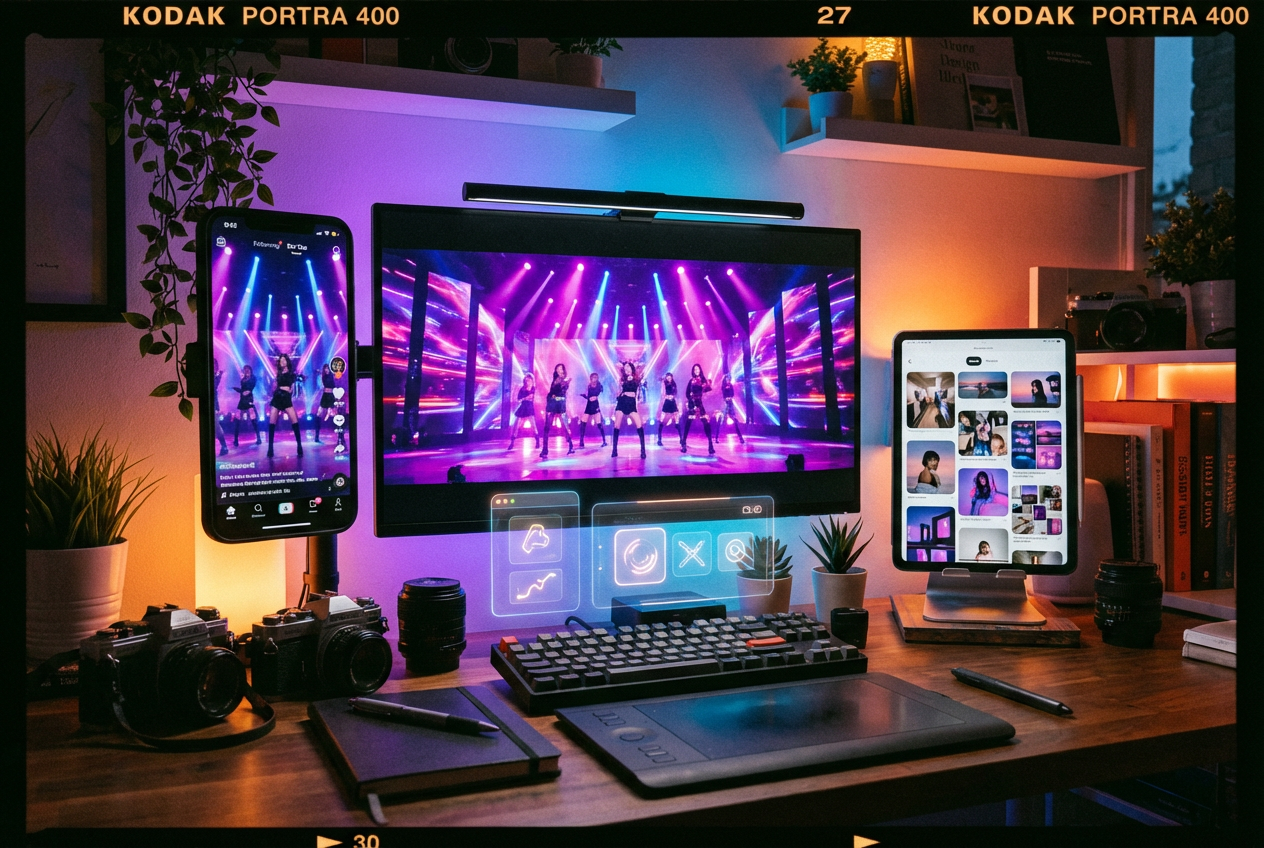 Split-screen showing K-Pop AI music video on multiple platforms