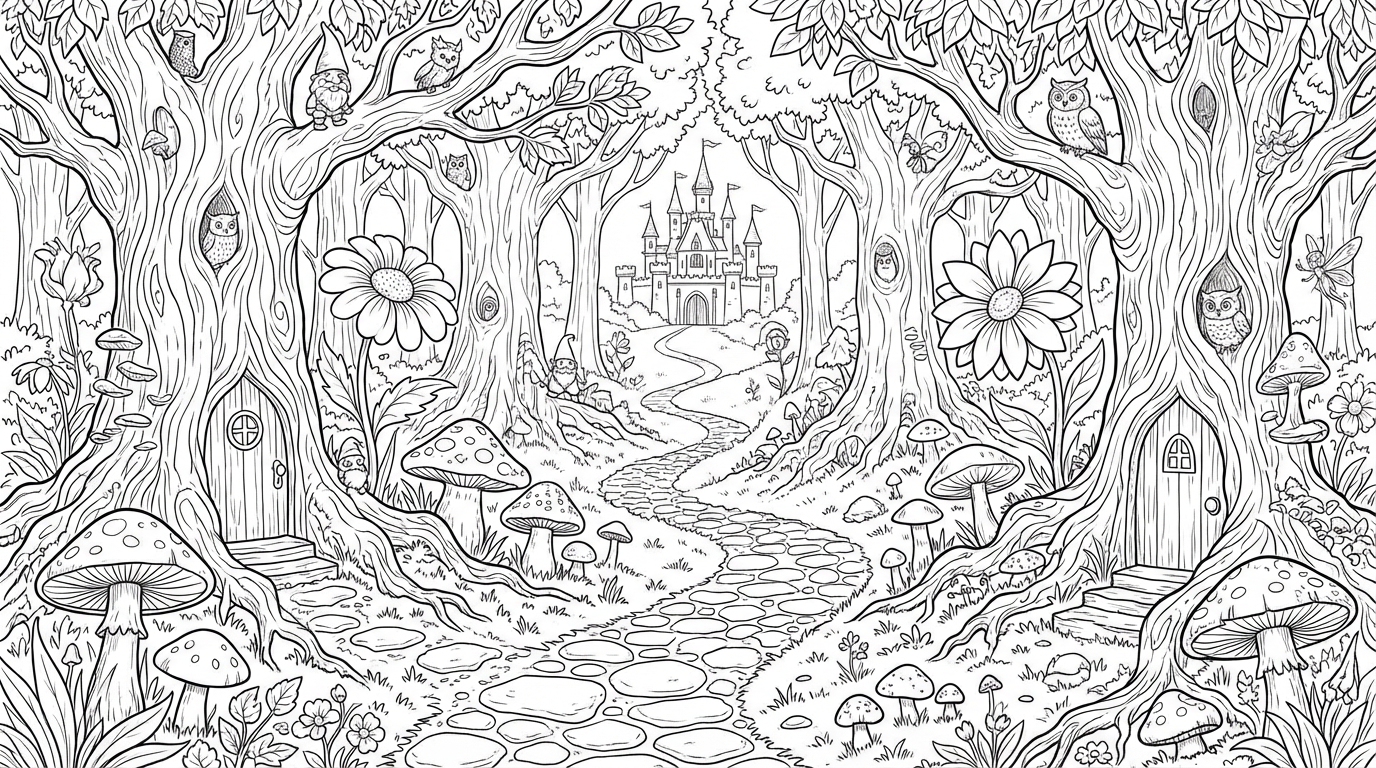AI-generated coloring page of a magical enchanted forest with detailed trees, flowers, mushrooms, and a winding path
