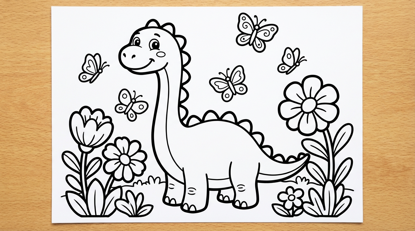 Cute AI coloring page for kids featuring a friendly dinosaur in a garden with butterflies and flowers