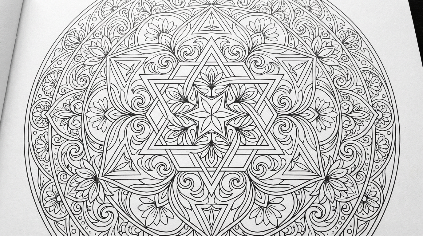 Intricate mandala coloring page with geometric patterns and floral elements for adults