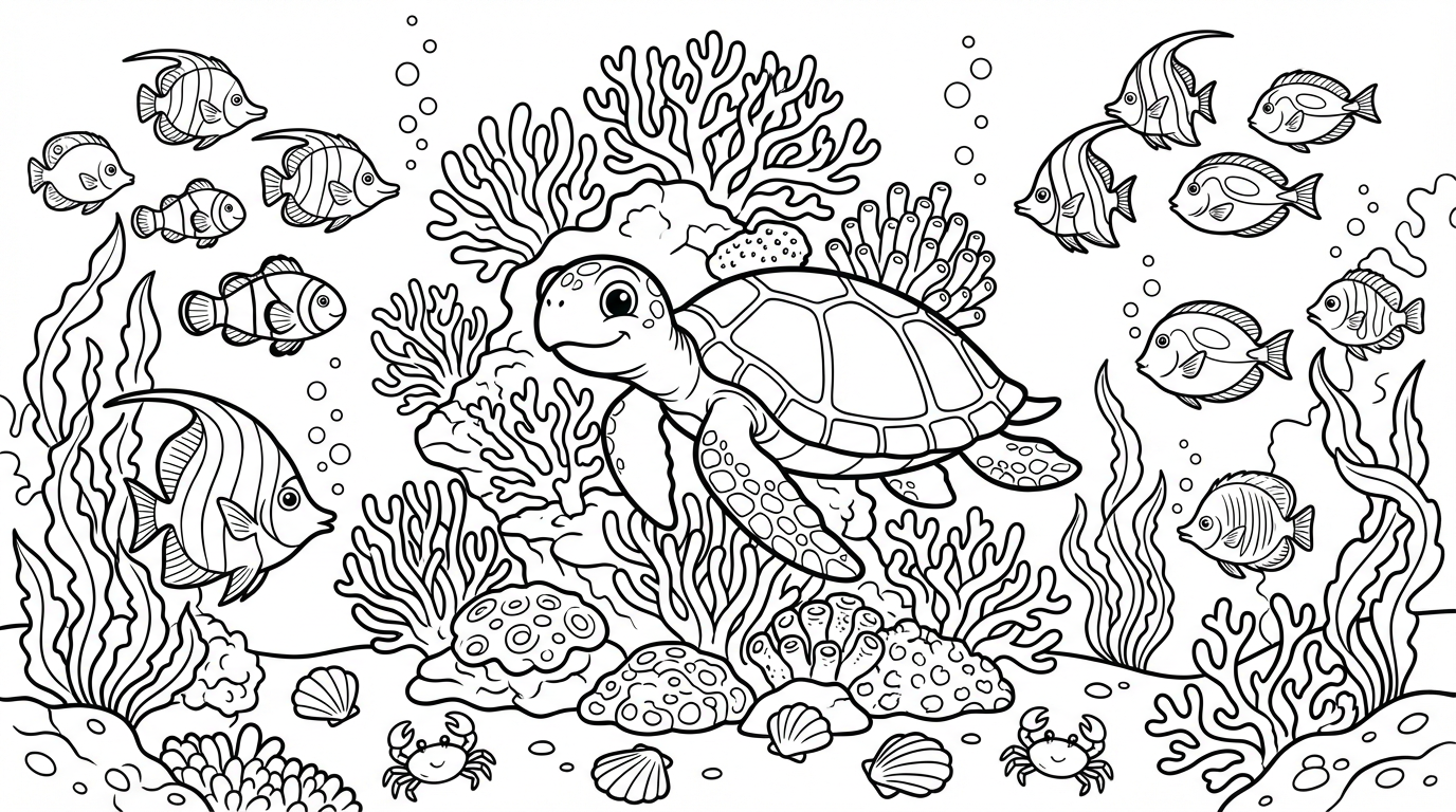 AI coloring page of an underwater ocean scene with sea turtle, coral reef, and tropical fish