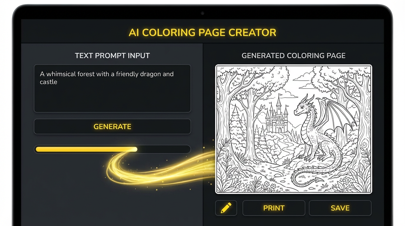 AI coloring page generator interface showing text prompt transforming into a coloring book page