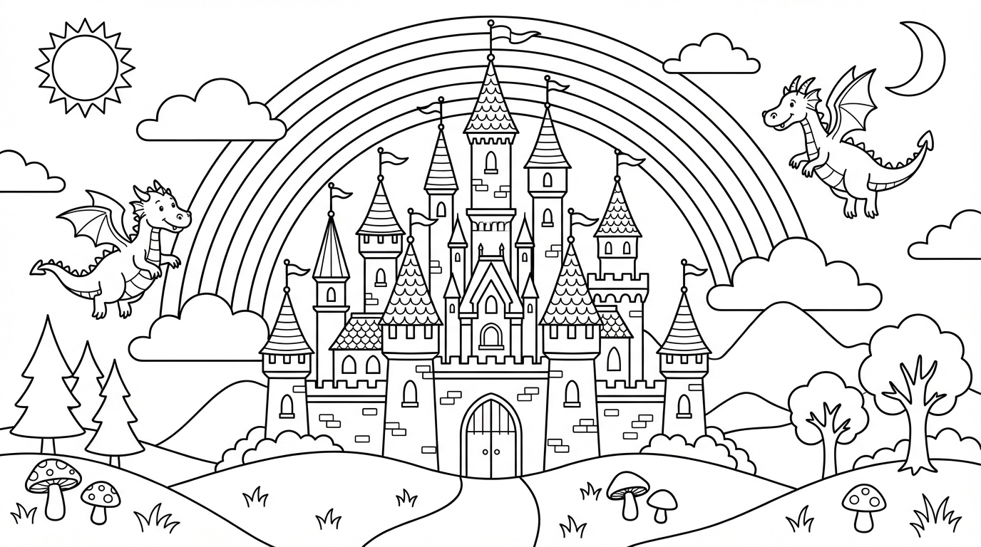Fantasy castle coloring page with towers, dragons, clouds, and a rainbow in whimsical illustration style