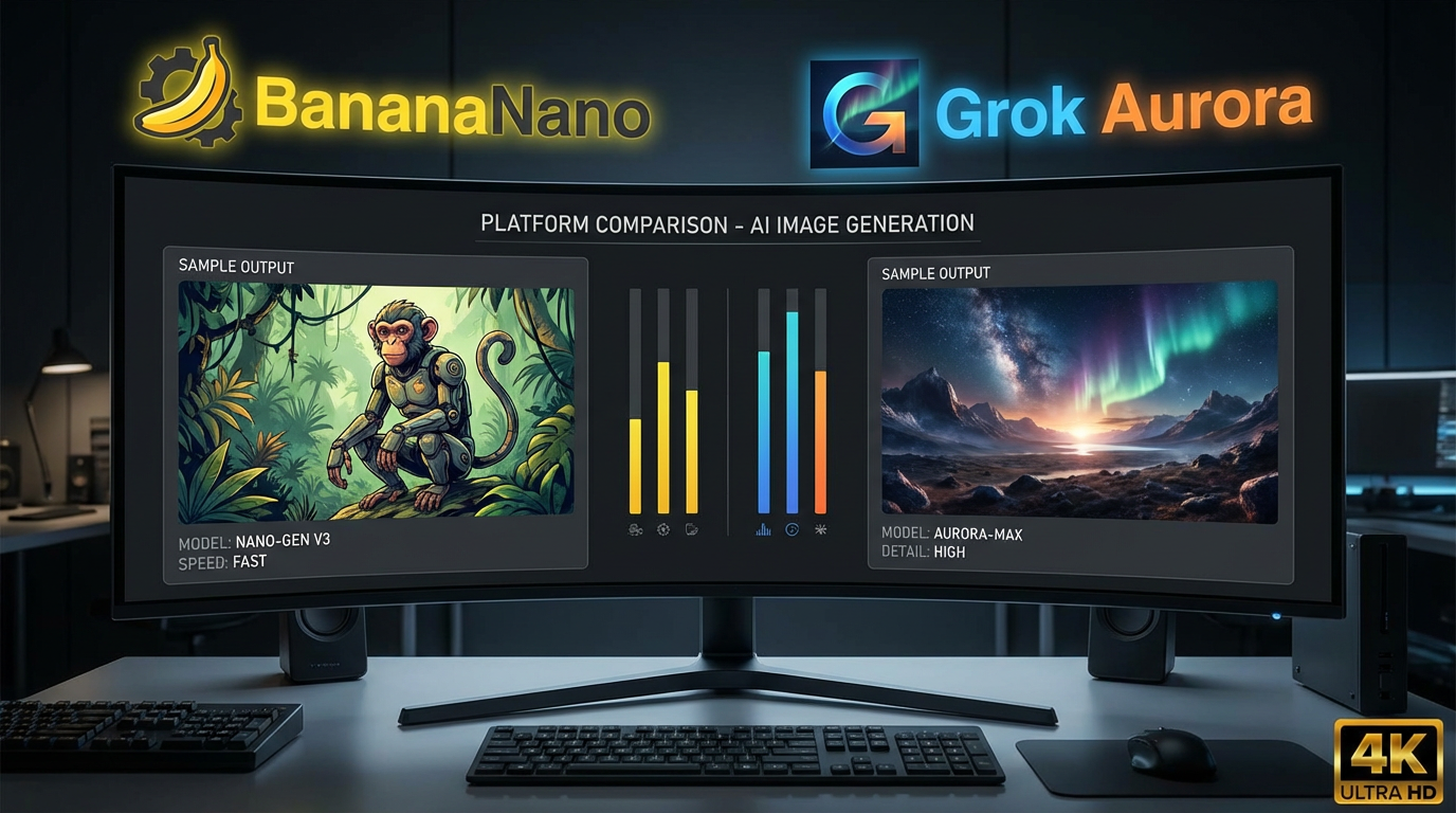 Side-by-side comparison of BananaNano and Grok Aurora AI image generation platforms