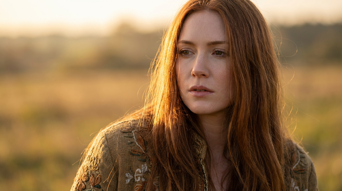 Stunning AI-generated portrait with flowing hair in golden hour light, photorealistic quality