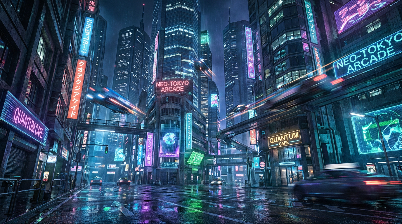 AI-generated futuristic cyberpunk cityscape at night with neon lights and flying vehicles