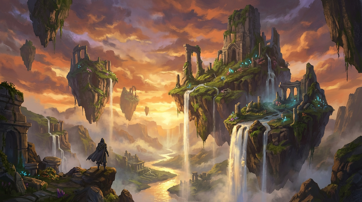 AI-generated epic fantasy landscape with floating islands and dramatic sunset sky