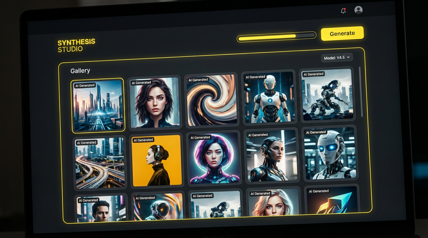 Modern AI image generation platform dashboard with gallery of generated artworks