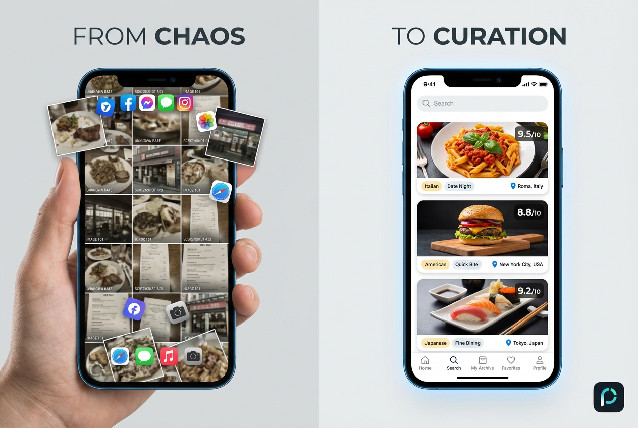 Comparison showing a messy smartphone camera roll of food photos versus an organized restaurant tracking app interface with ratings and tags.