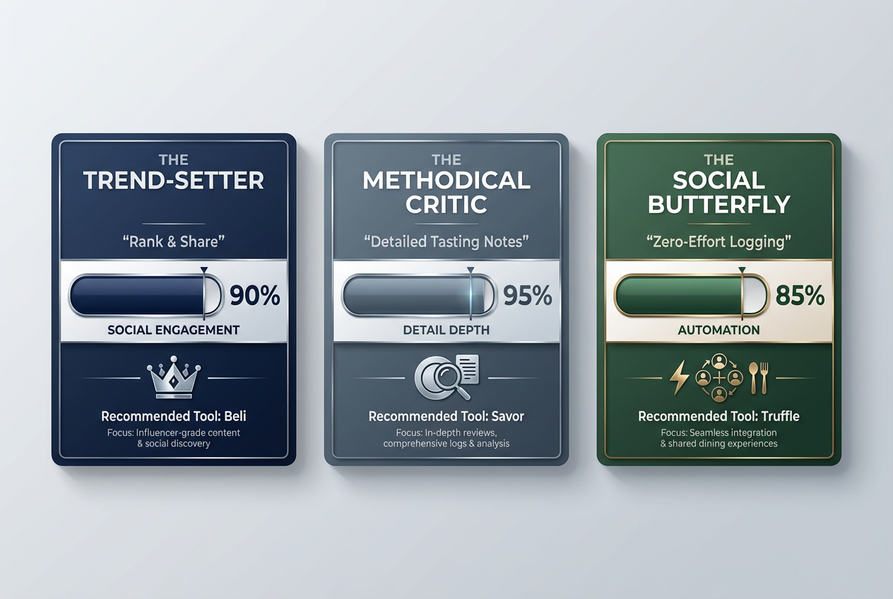 Infographic showing three foodie personas: Trend-Setter, Methodical Critic, and Social Butterfly with recommended restaurant tracking apps for each.