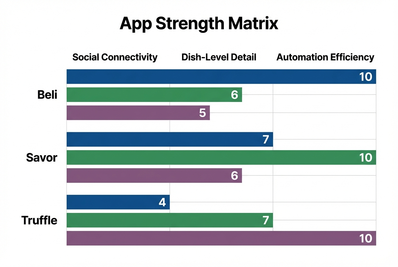A horizontal bar chart comparing Beli, Savor, and Truffle apps across social connectivity, detail depth, and automation efficiency metrics.