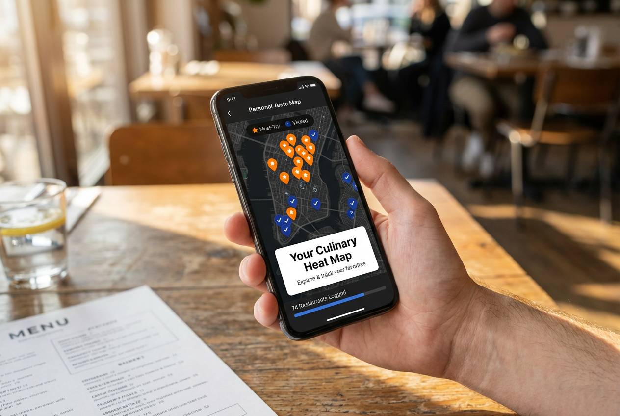 Smartphone displaying a map of a city with custom pins for visited and to-try restaurants, labeled as a personal culinary heat map.