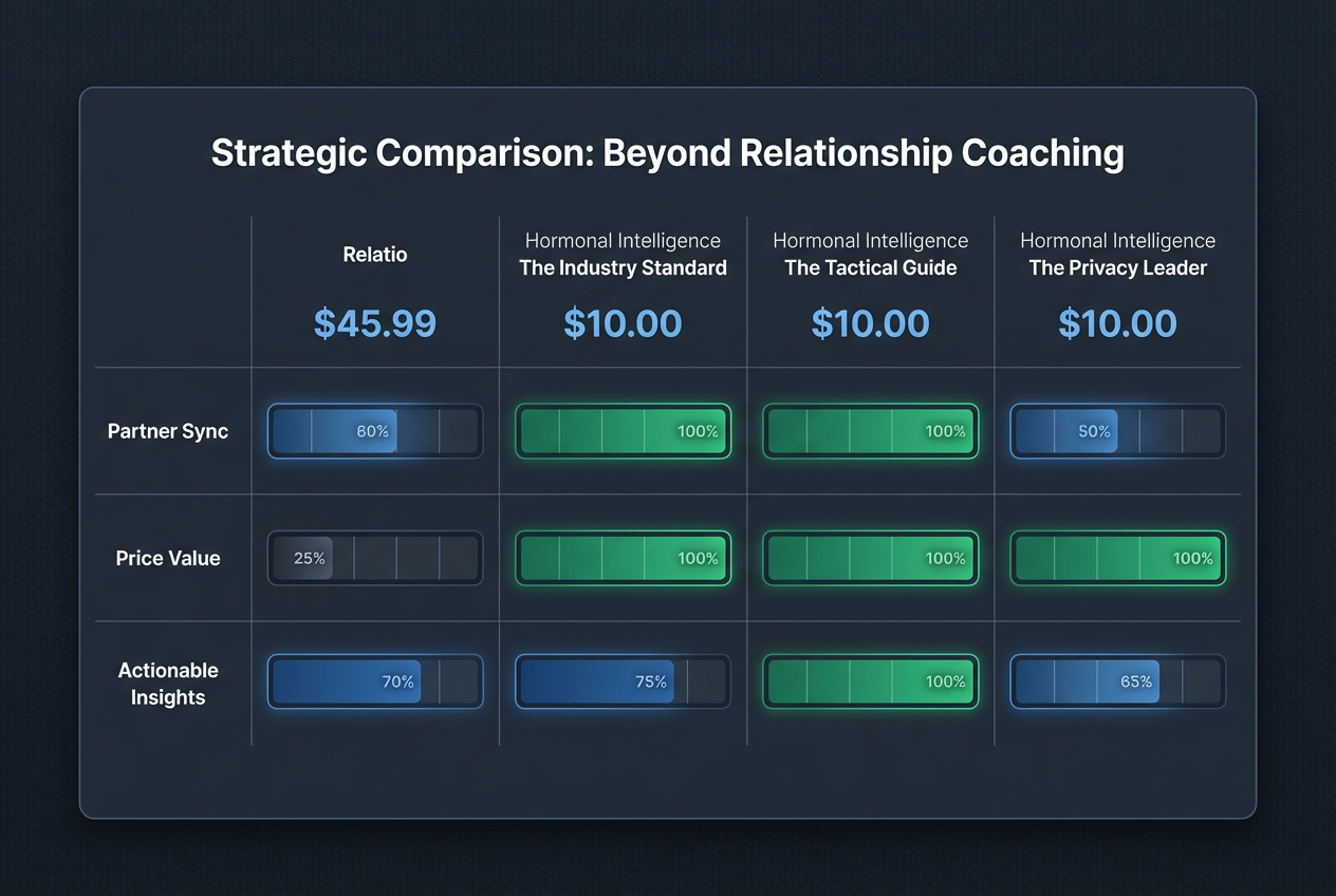 Comparison chart of Relatio alternatives for men, highlighting features like partner sync, pricing, and actionable biological insights for couples.