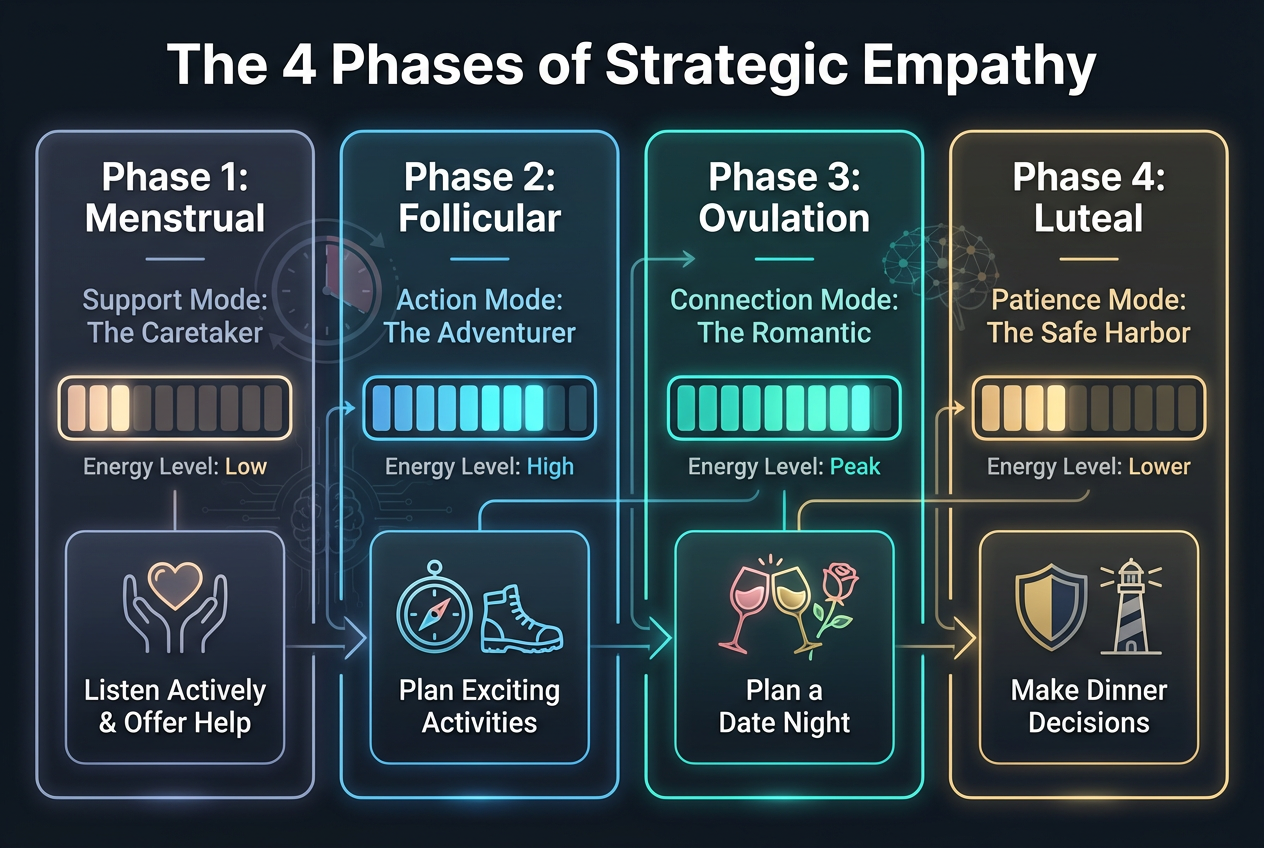 Infographic mapping the four hormonal phases - Menstrual, Follicular, Ovulatory, and Luteal - to specific relationship support actions for men.